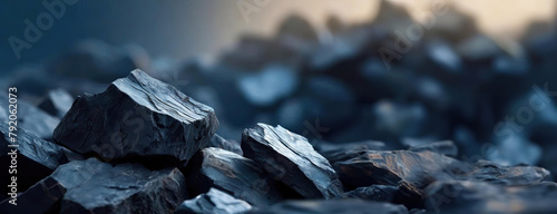 Coal chunks are piled in a heap, displaying varying shades of black and gray under a subdued light, capturing the raw texture and potential energy within. photo