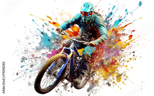 Man Riding Cycle with Colorful Splash on Transparent Background © PNG 