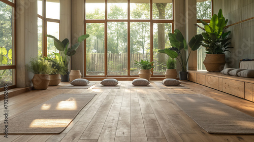 9. Yoga Studio Bliss: Inside a light-filled yoga studio, a mother and child find inner peace amidst serene surroundings and soothing music, with bamboo floors and potted plants cre