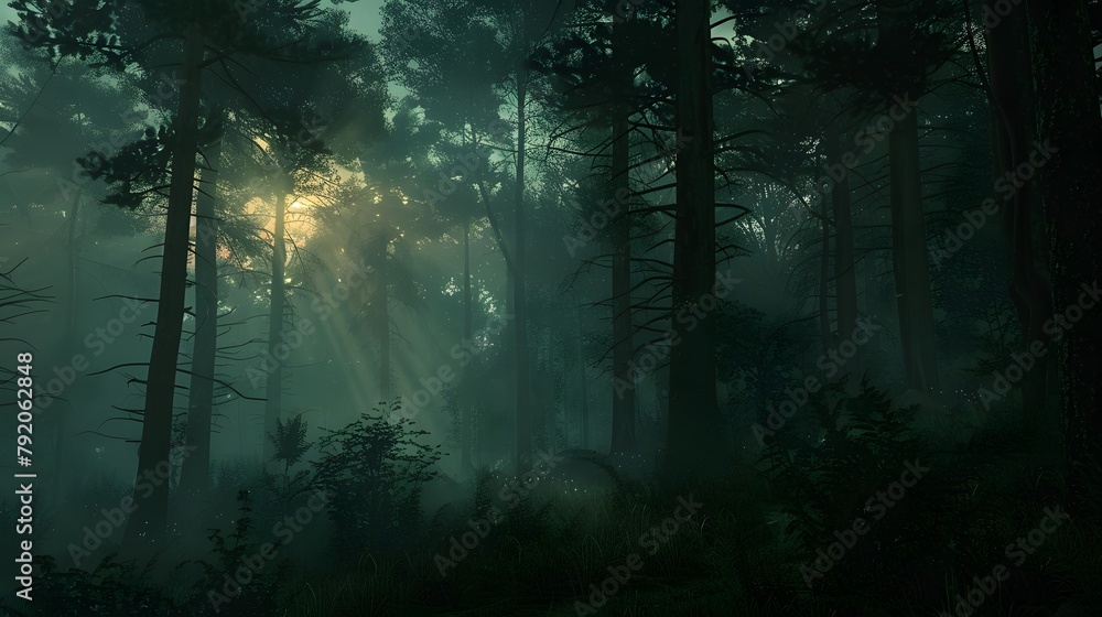 A captivating view of a dense forest shrouded in darkness, with the last remnants of daylight fading behind the silhouette of towering trees, evoking a sense of mystery 