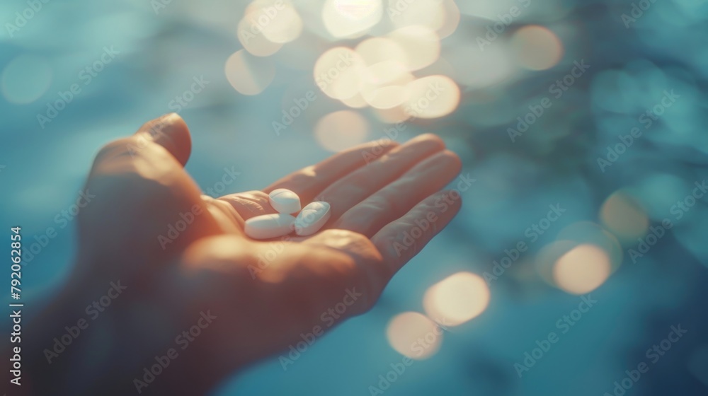 Serene Hand Holding Pills with Ethereal Light Bokeh Background Serene Hand Holding Pills with Ethereal Light Bokeh Background