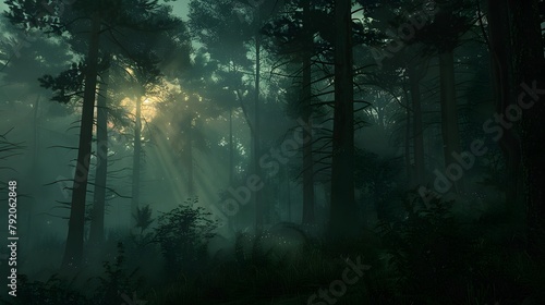 A captivating view of a dense forest shrouded in darkness, with the last remnants of daylight fading behind the silhouette of towering trees, evoking a sense of mystery 