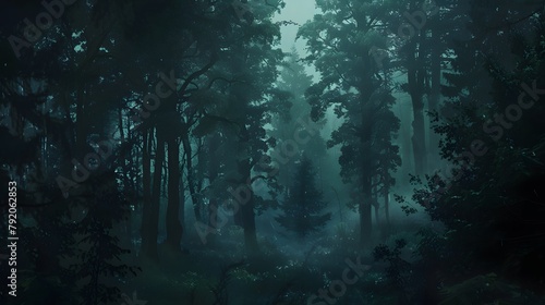 A captivating view of a dense forest shrouded in darkness  with the last remnants of daylight fading behind the silhouette of towering trees  evoking a sense of mystery 