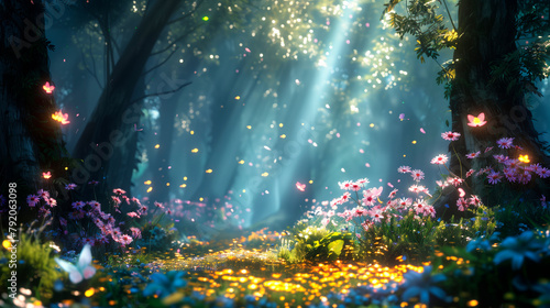 Enchanted Forest Wonderland: Magical Backdrop Wallpaper with Whimsical Atmosphere and Fairy Lights. Copy space