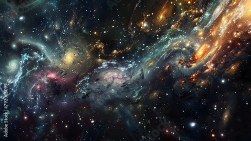 A celestial collision of galaxies rendered in digital abstraction, blending cosmic colors in a breathtaking panorama.