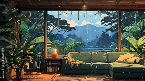 Cozy living room rainy atmospheric forest lo-fi, zoom background screen, anime chill hip hop aesthetic environment, anime, hand-drawn, Japanese 2D anime style animation