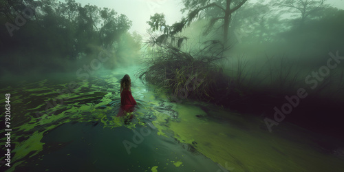 A woman in a red dress  a poetic moment of solitude in the swamp waters