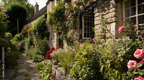 A charming cottage garden with a weathered stone wall covered in climbing roses and honeysuckle  offering a serene retreat with views of a quaint village.