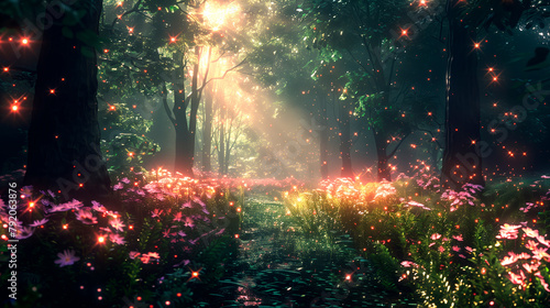 Nature Fantasy: Dreamy Forest Backdrop with Atmospheric Effects and Sparkling Fairy Lights