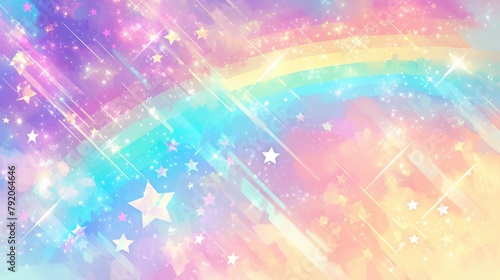 Immerse yourself in a vibrant rainbow fantasy world where pastel hues dance in a holographic illustration Delight in a cute cartoon girly backdrop complete with a dazzling sky painted in bri