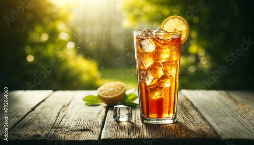 Glass of Iced Tea With Lemon on Wooden Table