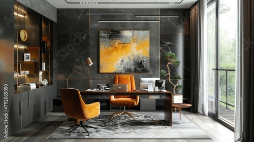 A modern and stylish home office with sleek furniture and vibrant accents, featuring ample storage and bold artwork for a creative and inspiring workspace conducive to productivity and focus. photo