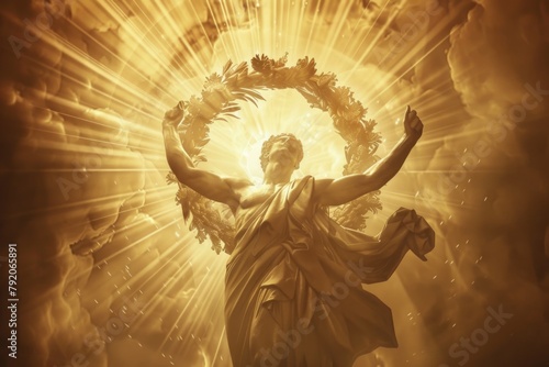 Golden statue of a figure holding a wreath with radiant light beams in the background
