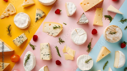 A colorful flatlay display of an array of farm-fresh cheeses, including creamy brie, tangy goat cheese, and aged cheddar, representing the dairy-centric aspect of Shavuot. photo
