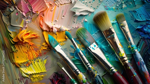 A colorful paint palette with various brushes dipped in vibrant hues, ready to create a masterpiece of abstract expressionism on a blank canvas.