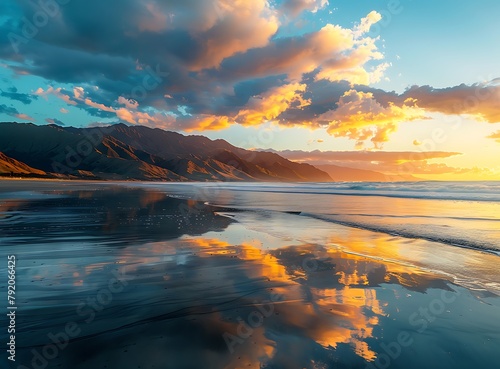 Sunset at the beach with waves and mountains in New Zealand, bright colors, golden light reflecting on wet sand, blue sky with clouds, tranquil atmosphere, natural beauty of nature, travel background
