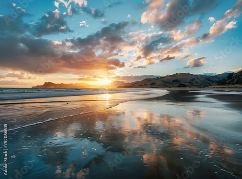 Sunset on the beach with waves and mountains in the background, New Zealand landscape
