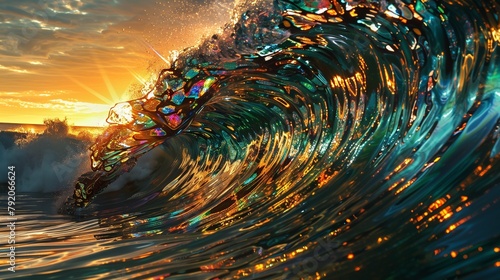 As the sun dips below the horizon, a spectacular ocean wave rises, poised to crash in a cascade of brilliant color. photo