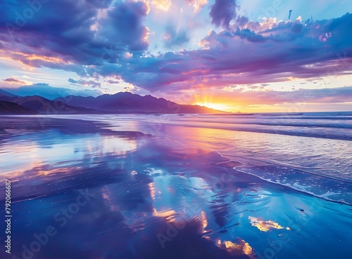 Sunset on the beach with waves and mountains in the background  New Zealand landscape