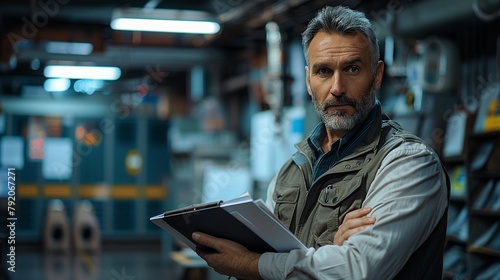 Portrait of a seasoned journalist, holding a notepad, in front of a newsroom, alert and ready for the story, stock photo