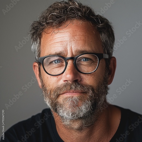 Professional headshot of a creative director, modern glasses, neutraltoned background, engaging and confident photo