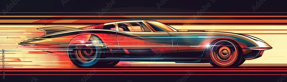 Bold vector illustration of a retrofuturistic car in motion, dynamic angles, bright and contrasting color palette