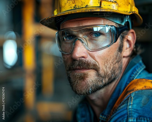 Closeup of an engineer with safety helmet, confident and reliable, industrial setting photo