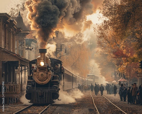color stock photo of a classic steam train departing from the station in the early 1900s, smoke billowing, and passengers waving goodbye, vintage style photo