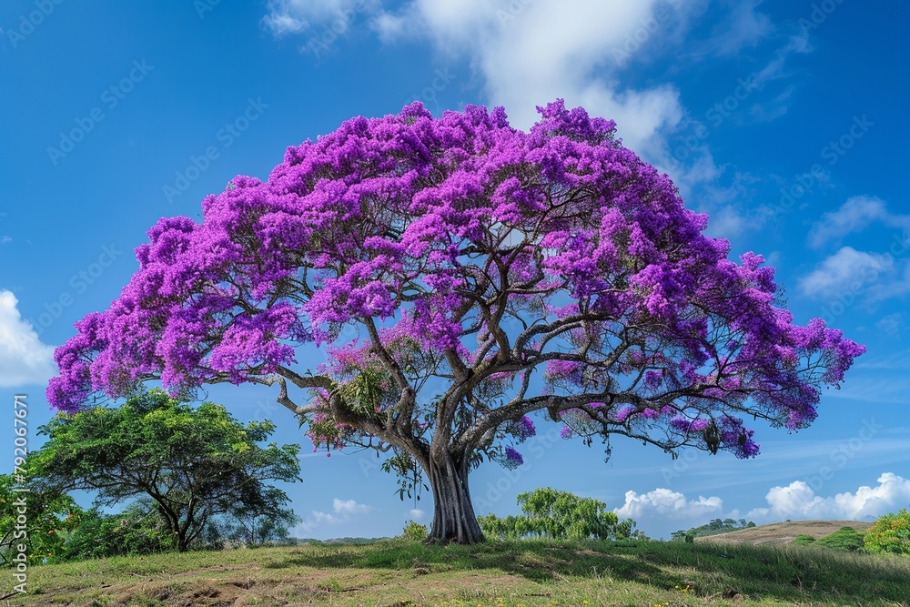 Behold the awe-inspiring view of a blooming purple Ipê tree, where deep purple flowers add a touch of royalty against the verdant foliage and clear blue skies, encapsulating the beauty Behold the awe-inspiring view of a blooming purple Ipê tree, where deep purple flowers add a touch of royalty against the verdant foliage and clear blue skies, encapsulating the beauty
