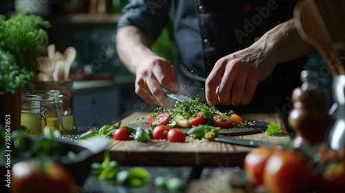 Showcase a social media influencer's hands styling a food spread for a visually appealing culinary post, highlighting culinary artistry and presentation skills,