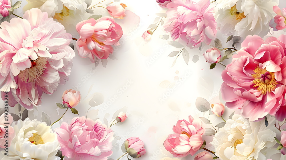 Top view Frame with delicate white and pink peonies on a white background. Wedding template Greeting card, mother's day or women's day. Spring composition with copy space. Flat lay, copy space. Top view Frame with delicate white and pink peonies on a white background. Wedding template Greeting card, mother's day or women's day. Spring composition with copy space. Flat lay, copy space.