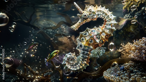 Ultra wide shot seahorse silver and gold