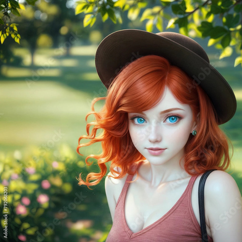 Portrait of a girl in a hat. Blue-eyed young woman on a sunny day in a park.
