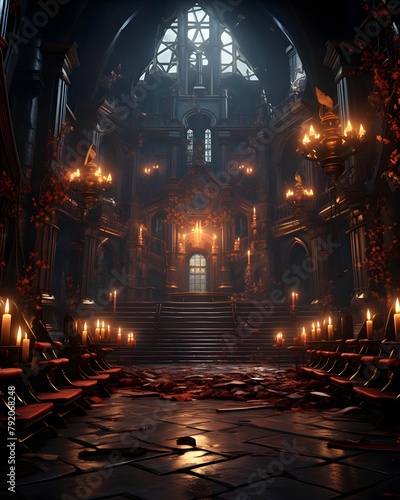 Beautiful interior of an old church with candles. 3D rendering