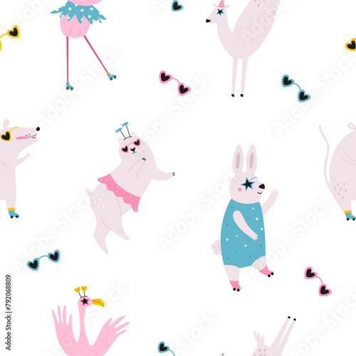 Colorful seamless pattern with funny dancing animals in disco glasses and costumes.