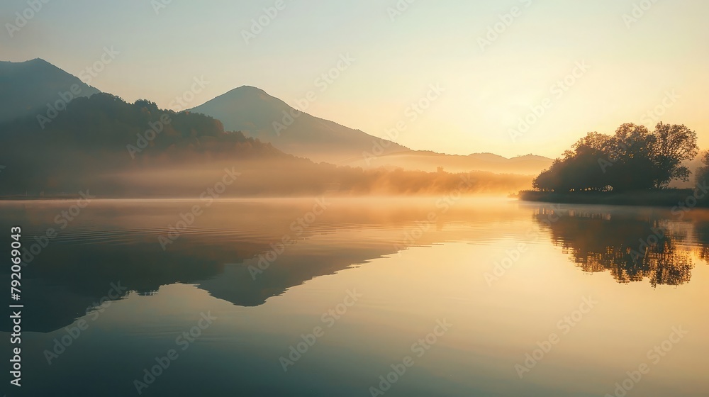 sunrise over the calm mountain lake