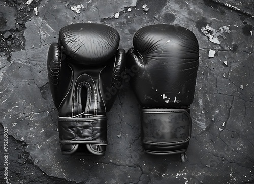 Top view of black and white boxing gloves laying on the floor against a gritty background, in the style of a stock photo captured with a 20mm lens photo