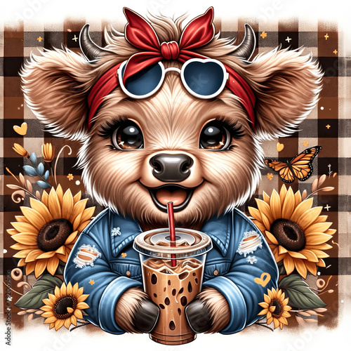 A cartoon highland cow with big eyes sipping iced coffee, adorned with a big bow and sunflowers, over a plaid background. photo