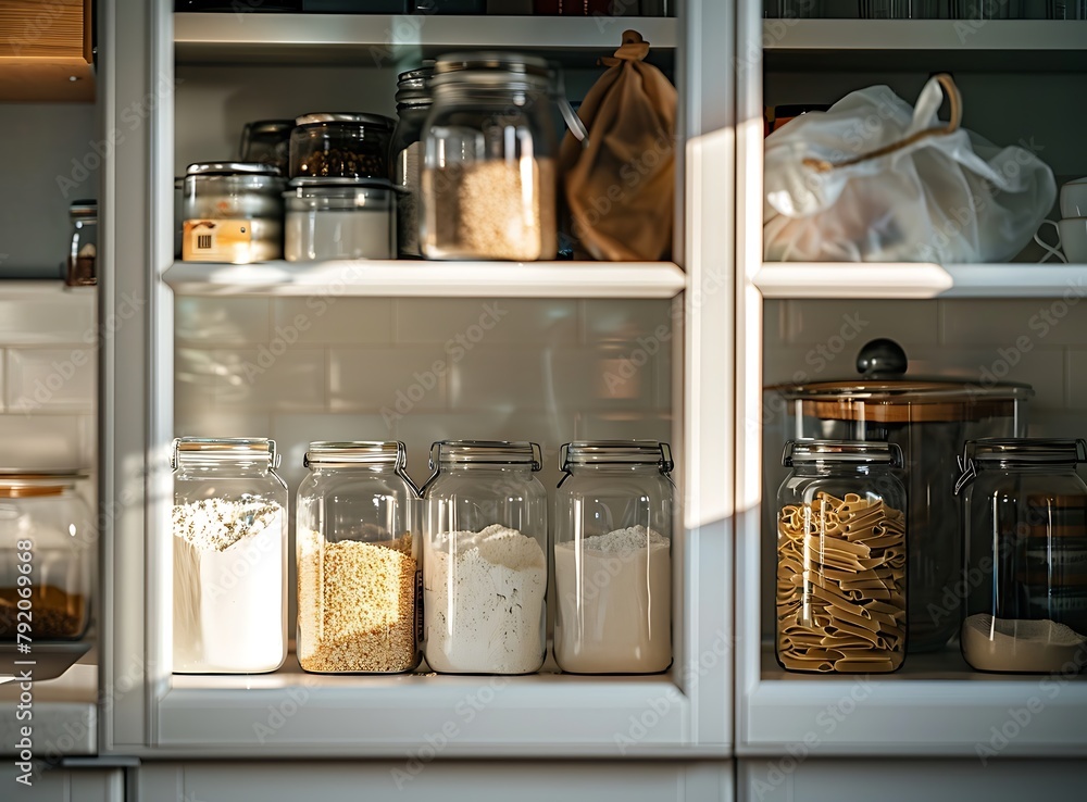 Newly opened white kitchen cabinet with glass jars of different sizes containing flour