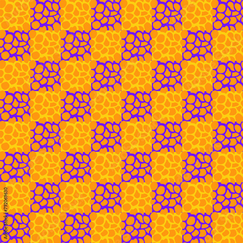 A bright and colourful graphic consisting of a dense grid of squares. Each square alternates in colour, arranged in a repeating pattern of orange and purple. Within the squares are polka dots.