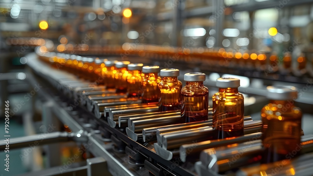Production Line of Medical Vials and Glass Bottles in a Pharmaceutical Factory. Concept Pharmaceutical Manufacturing, Production Line Efficiency, Glass Bottles Inspection, Quality Control