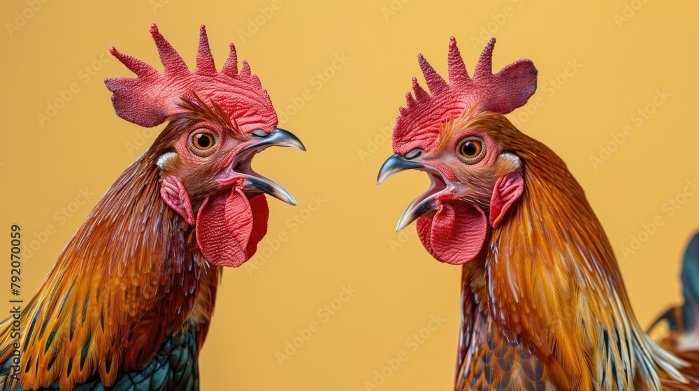 Two Phasianidae roosters with open beaks yelling ai each other, studio photo