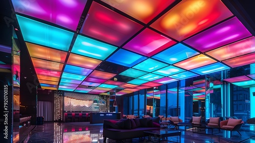 A futuristic ceiling design incorporating LED panels that change color, creating dynamic lighting effects to suit any mood. photo