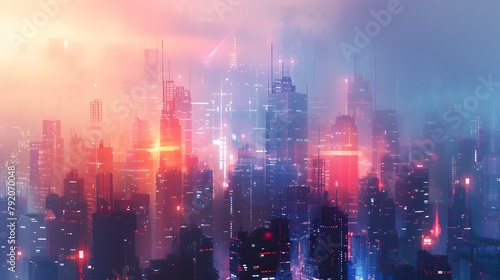 A futuristic cityscape emerges from a pixelated haze, pulsating with electric energy