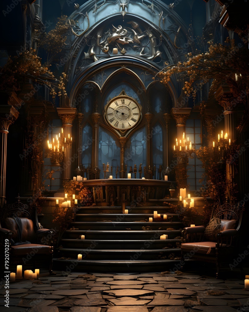Interior of a church with clock and candles. 3D rendering