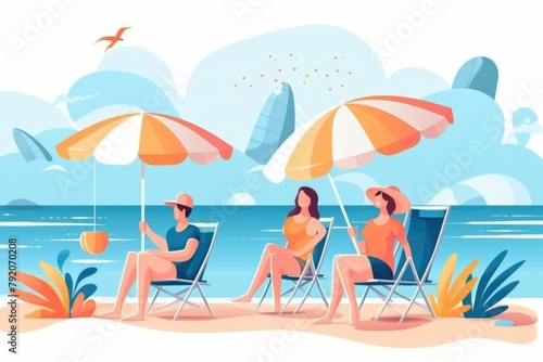 Illustration of a vacationing company on coast under umbrellas in sun loungers. © P