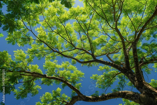 Explore a professional image showcasing the lush foliage of a green Ipê tree under the sunlight, set against a backdrop of clear blue skies, capturing the natural beauty 