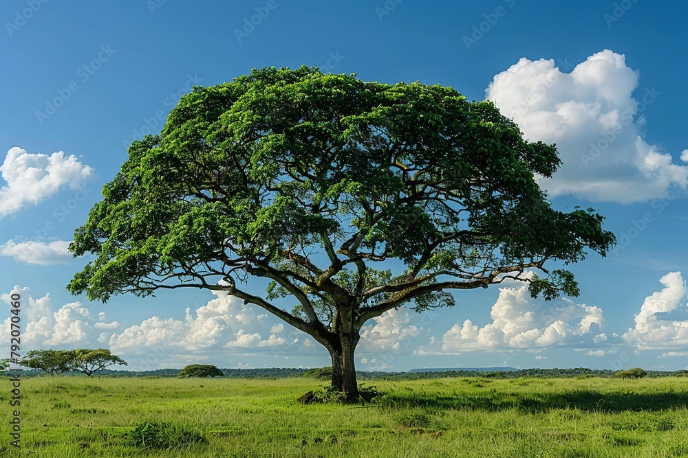 Obraz premium Explore a professional image showcasing the lush foliage of a green Ipê tree under the sunlight, set against a backdrop of clear blue skies, capturing the natural beauty