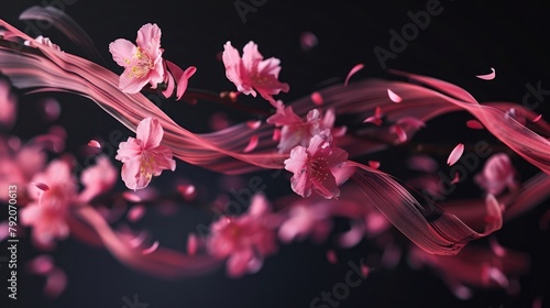 Swirls of pink petals isolated on black background. A modern realistic illustration of neon light waves with cherry blossoms, sakura blossoms, and a perfume aroma trail
