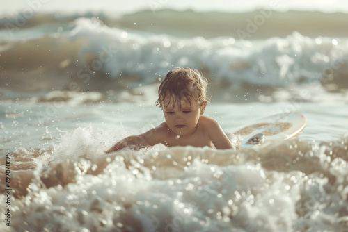 A young child is playing in the ocean with a surfboard